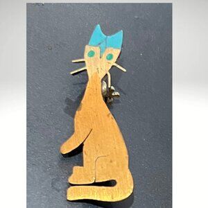 Vintage Metales Cat Brooch Pin Copper Silver Turquoise